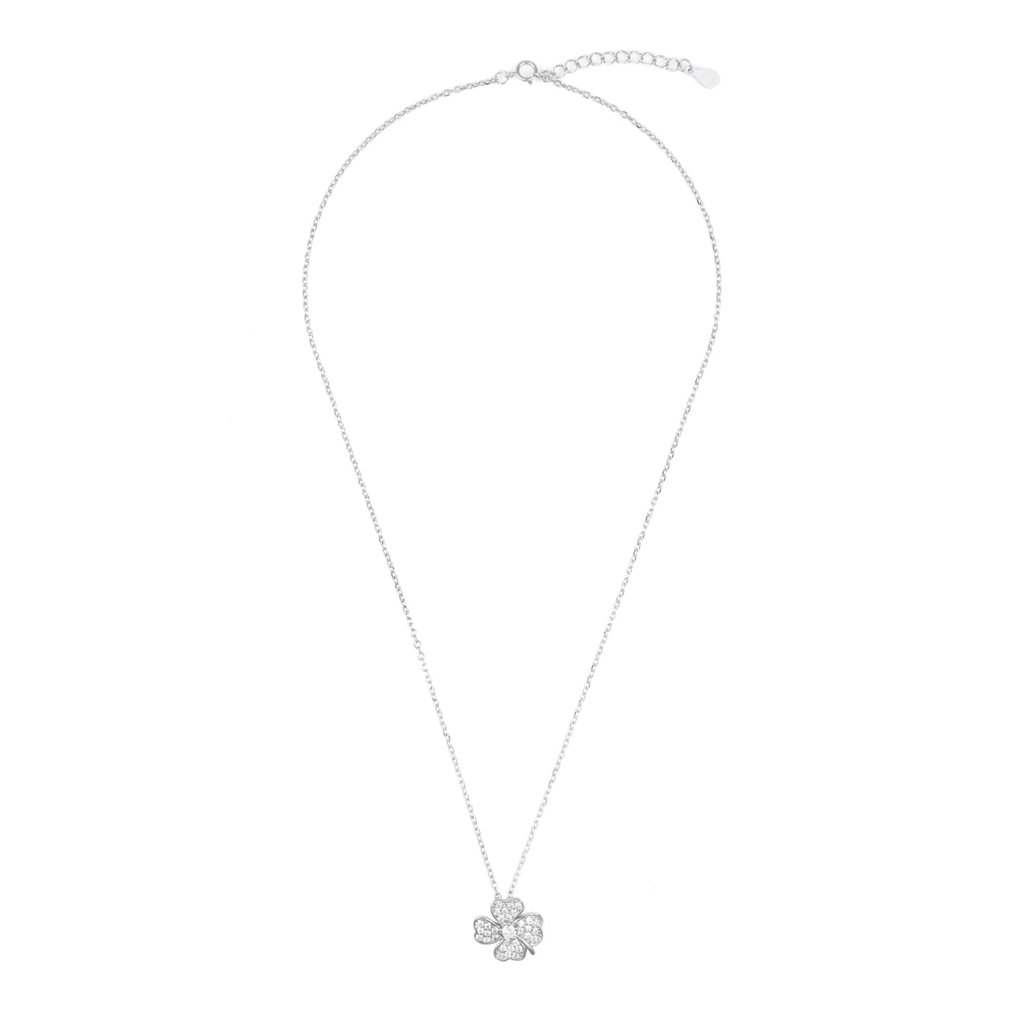 Silver CZ Clover Floral Pendant Chain set