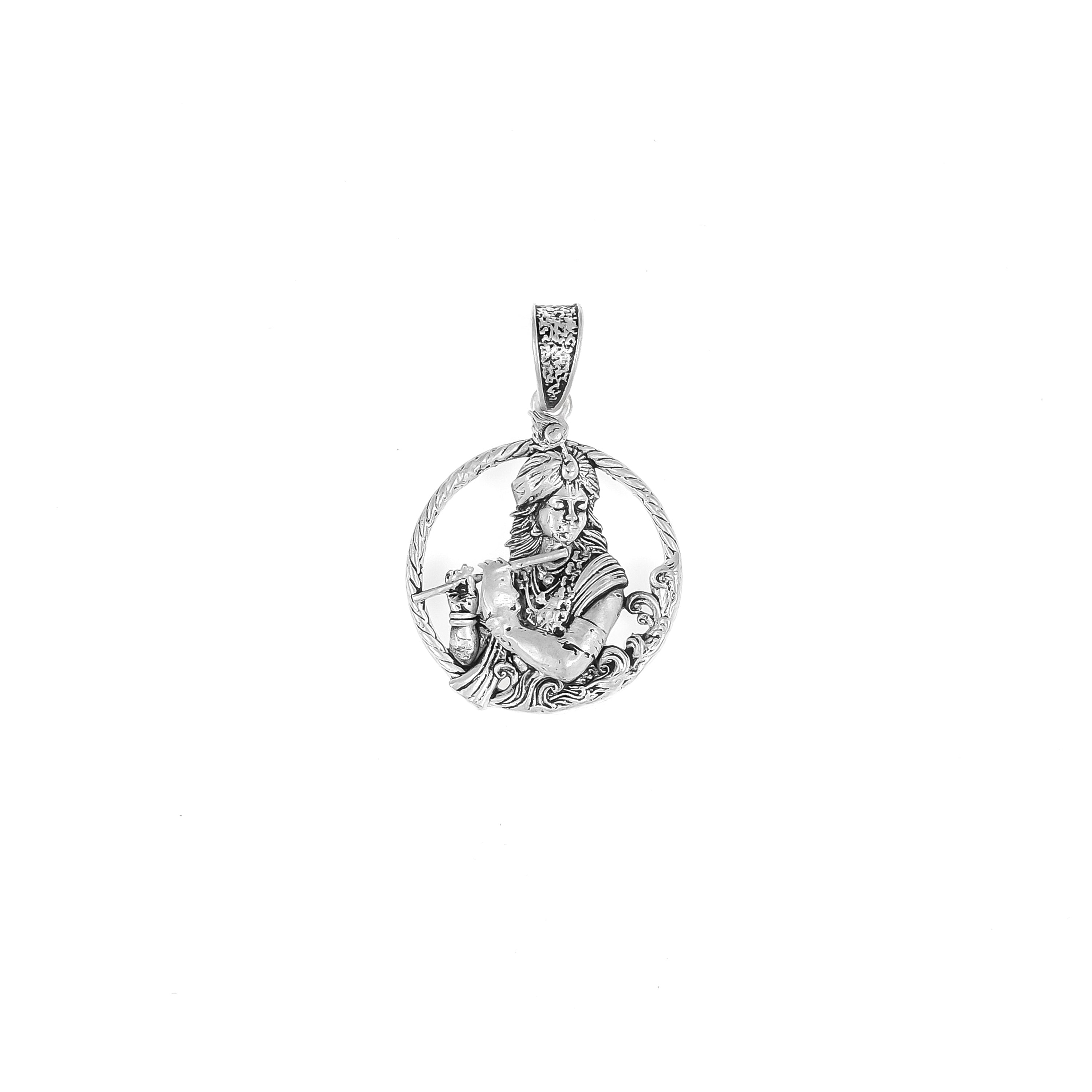 Silver Krishna Flute Pendant with Circular Frame – Lord Krishna Design | 4.55g