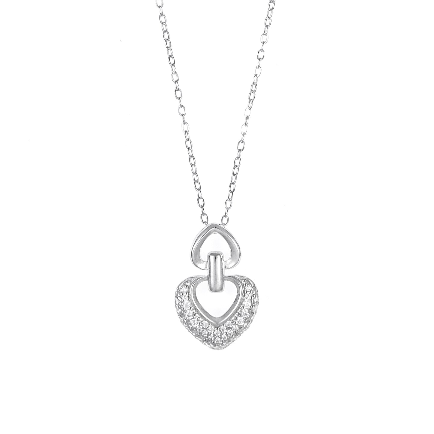 Silver Double Heart Pendant Necklace Chain Set for Women