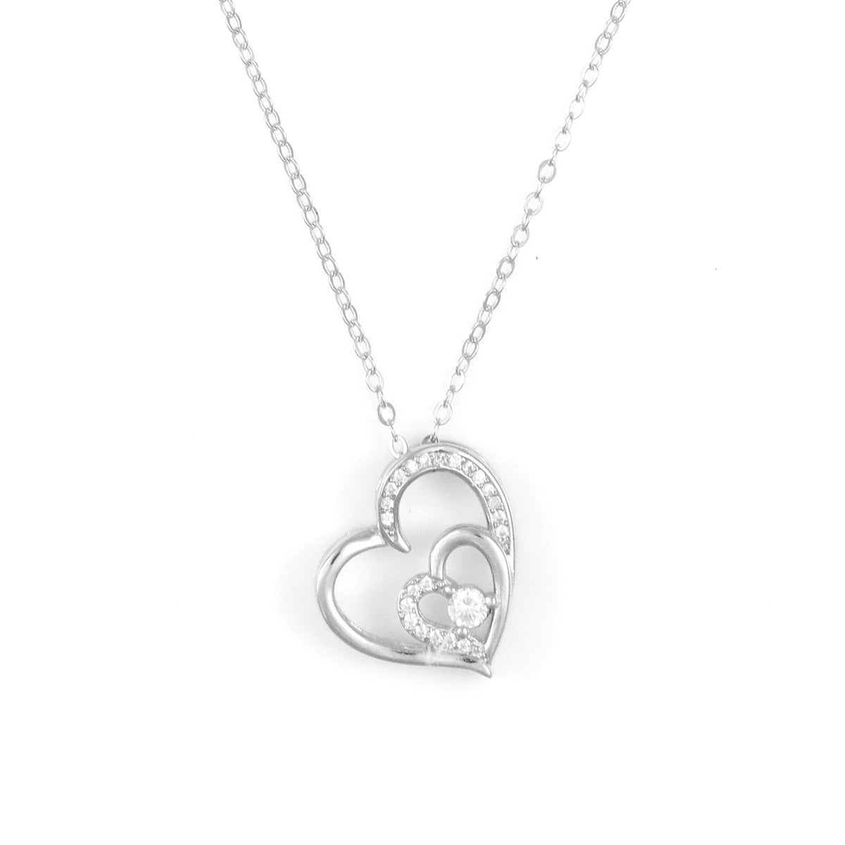 Silver Double Heart Solitaire Pendant Necklace Chain Set for Women