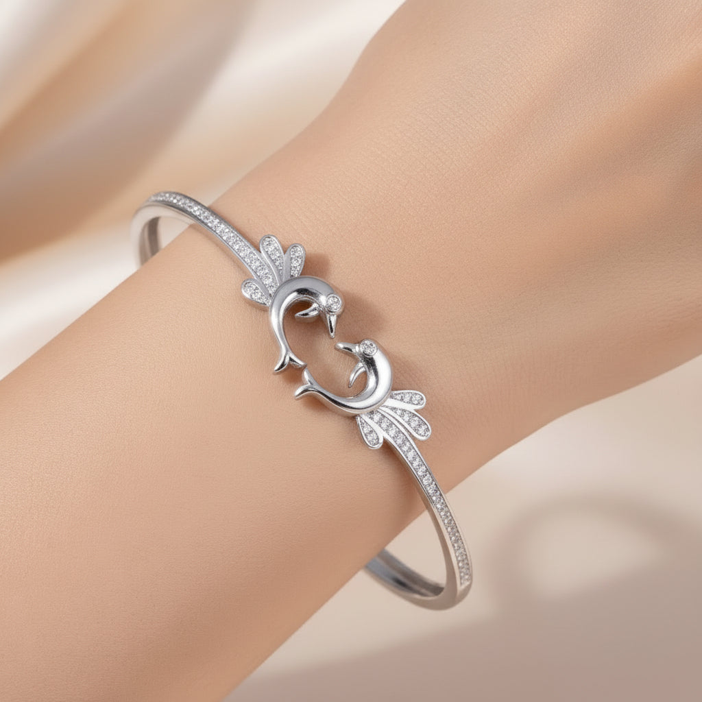 92.5 Silver Dolphin Cute Bangle Bracelet for Women | Sterling Silver Jewelry