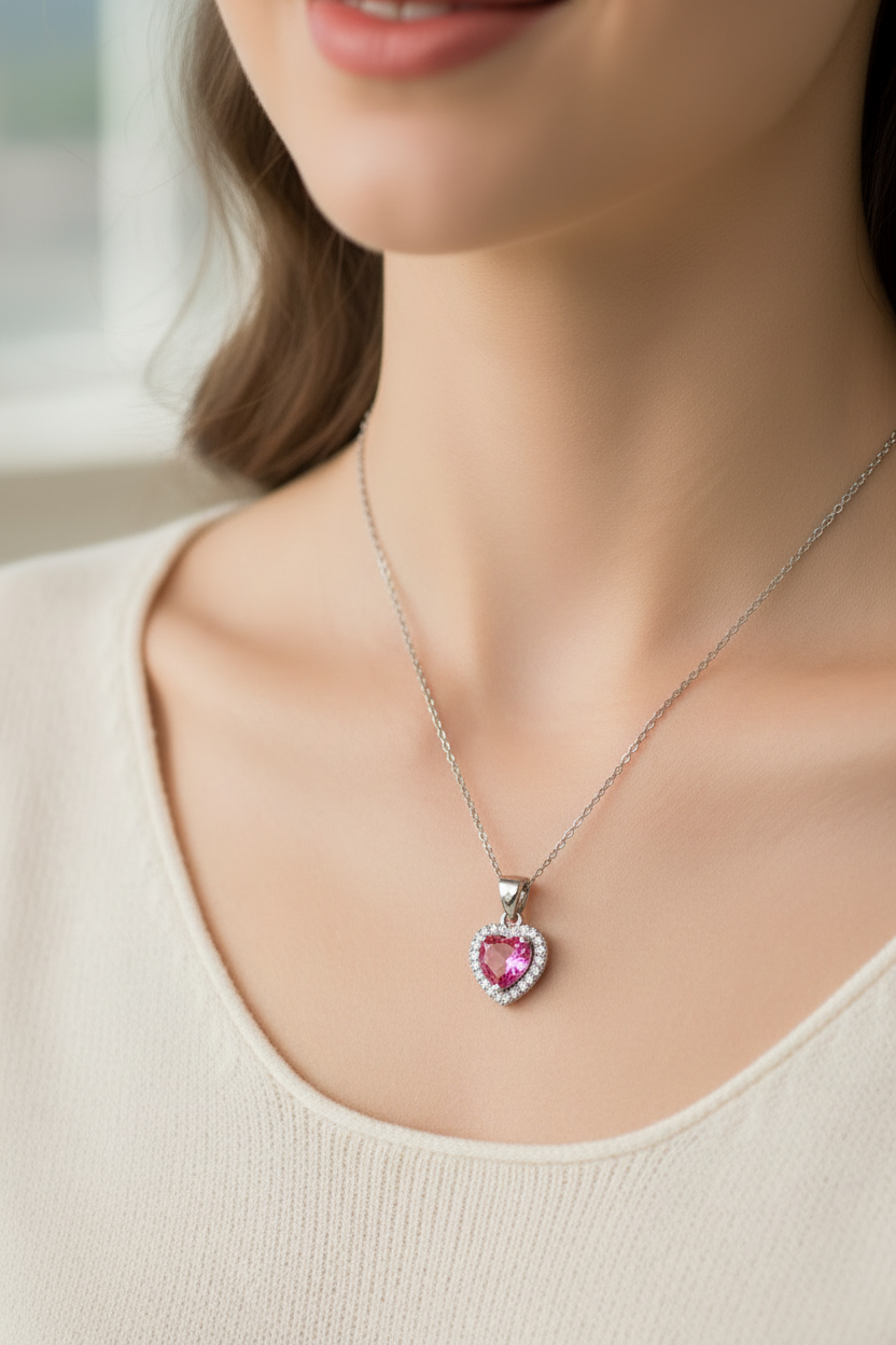 Silver Red Heart Pendant Chain Set for Women | Elegant Silver Necklace