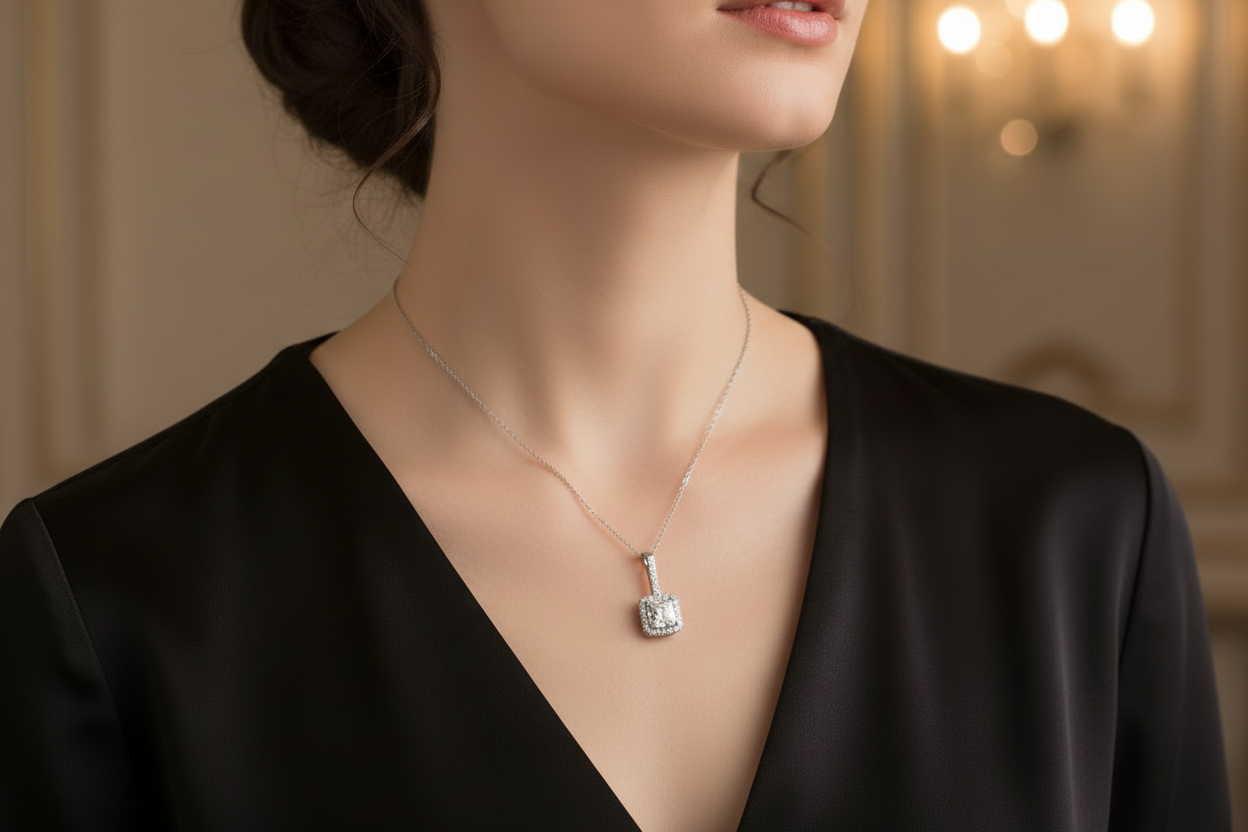 Necklace with a pendant worn by a person in a black outfit against a blurred background
