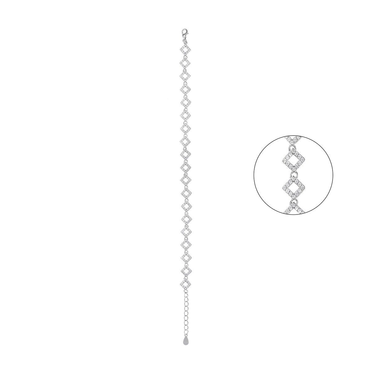 92.5 Sterling Silver CZ Diamond Square Link Bracelet for Women