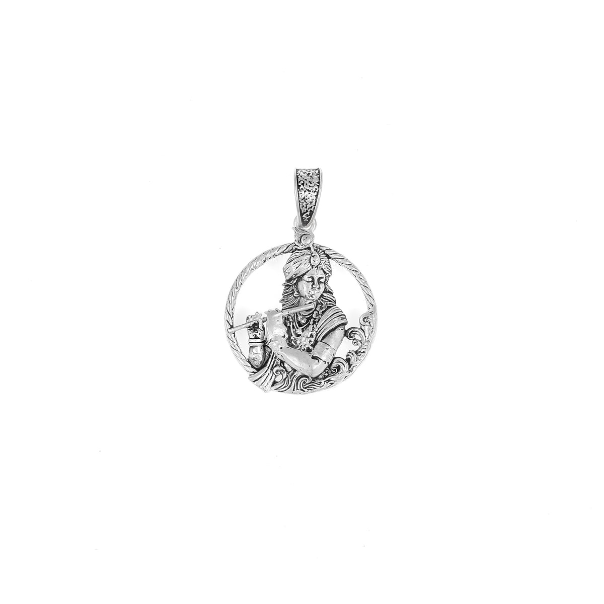 Silver Krishna Flute Pendant with Circular Frame – Lord Krishna Design | 4.55g