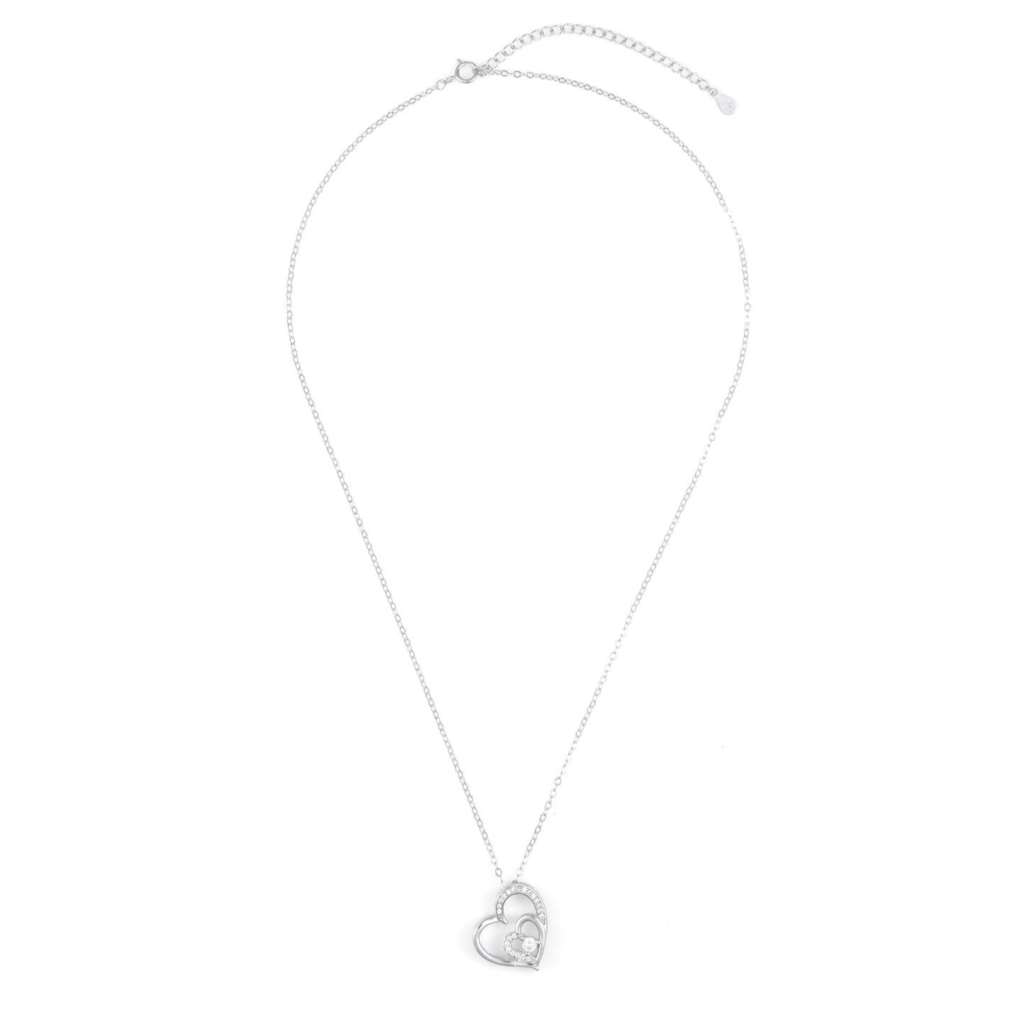 Silver Double Heart Solitaire Pendant Necklace Chain Set for Women