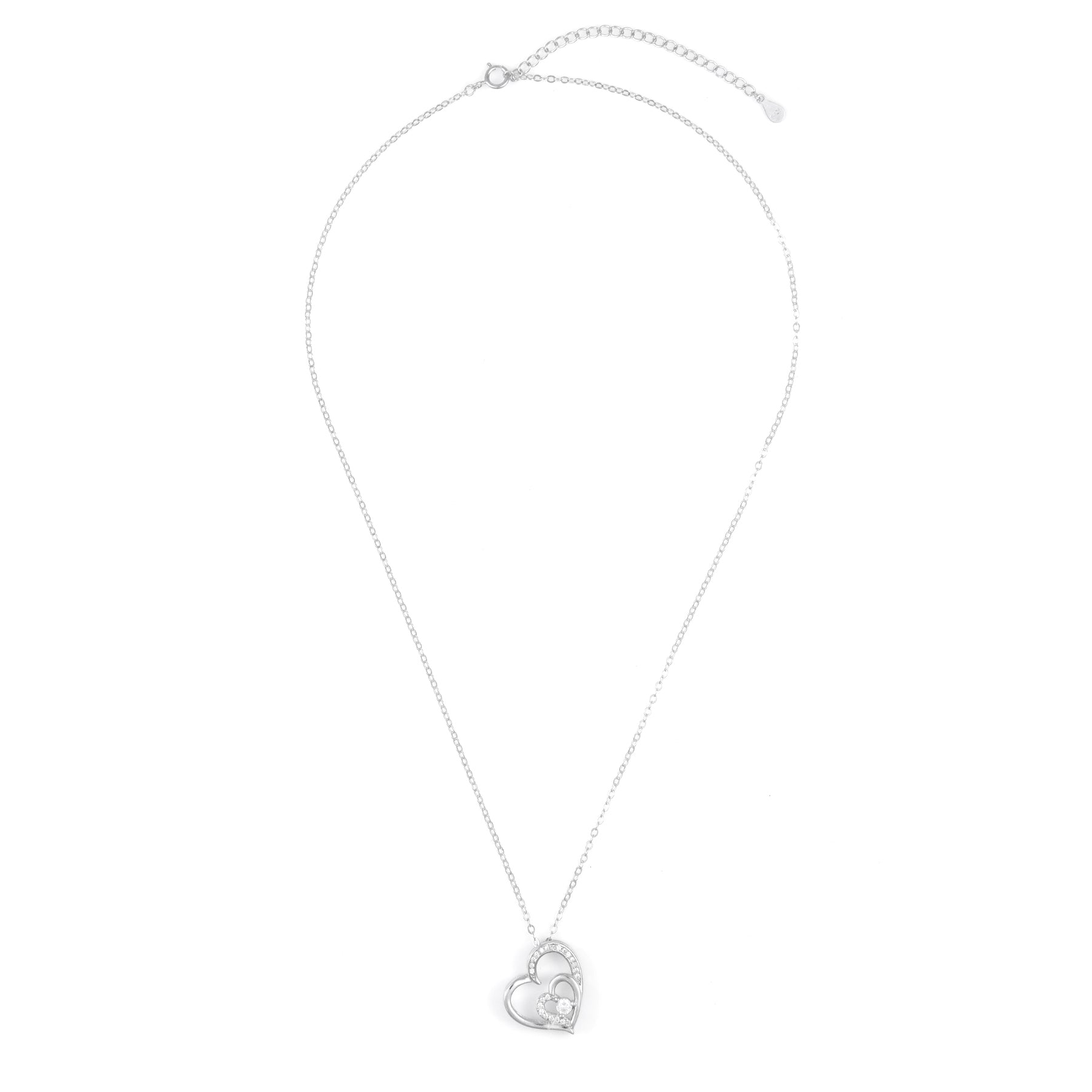 Silver Double Heart Solitaire Pendant Chain Set