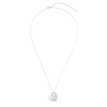 Silver Double Heart Solitaire Pendant Necklace Chain Set for Women