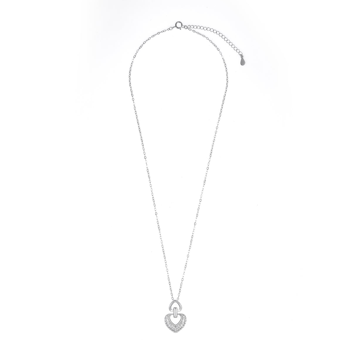 Silver Double Heart Pendant Necklace Chain Set for Women