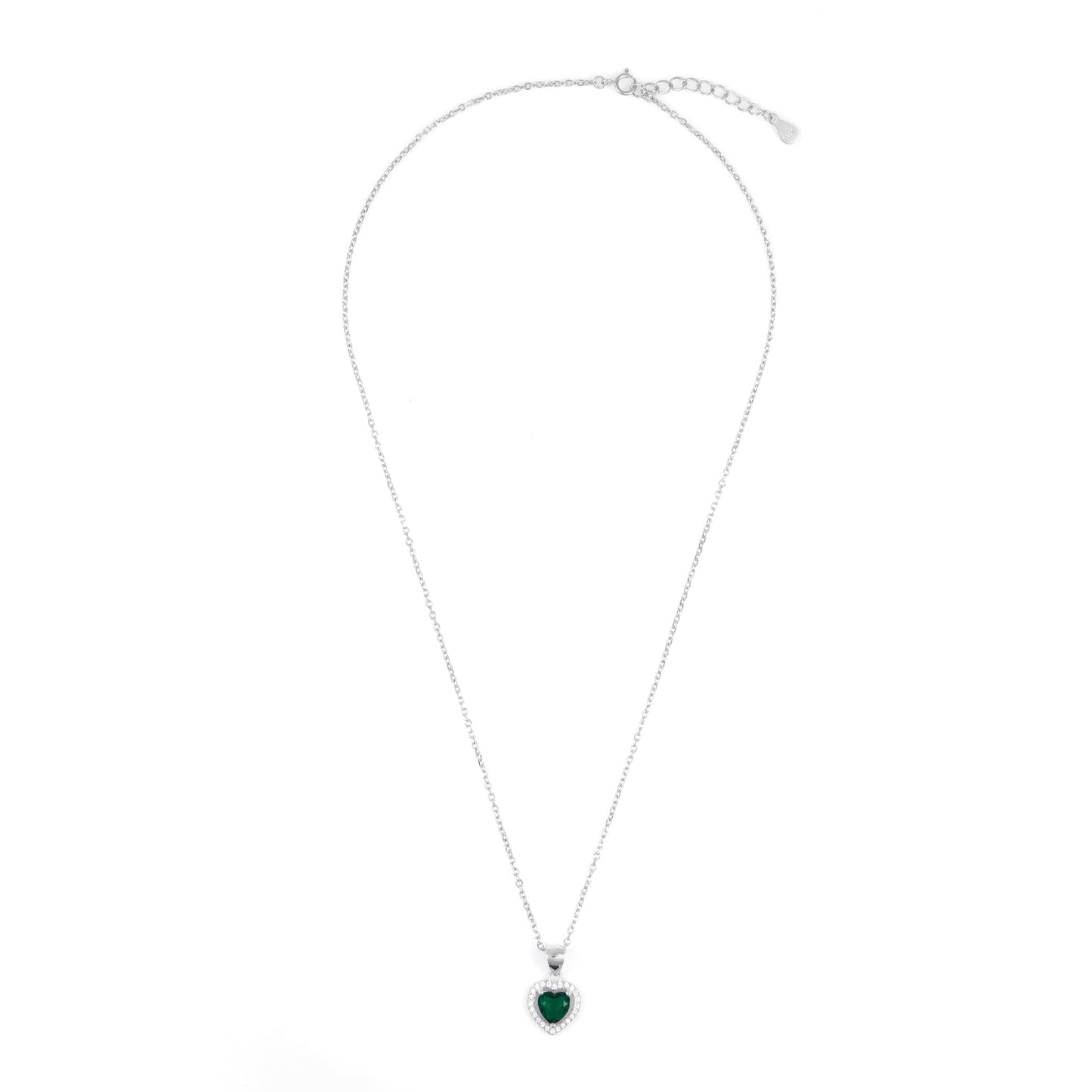Silver Green Heart Pendant Necklace Chain Set for Women