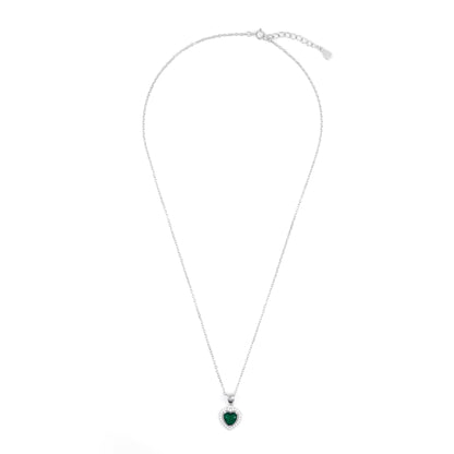 Silver Green Heart Pendant Necklace Chain Set for Women