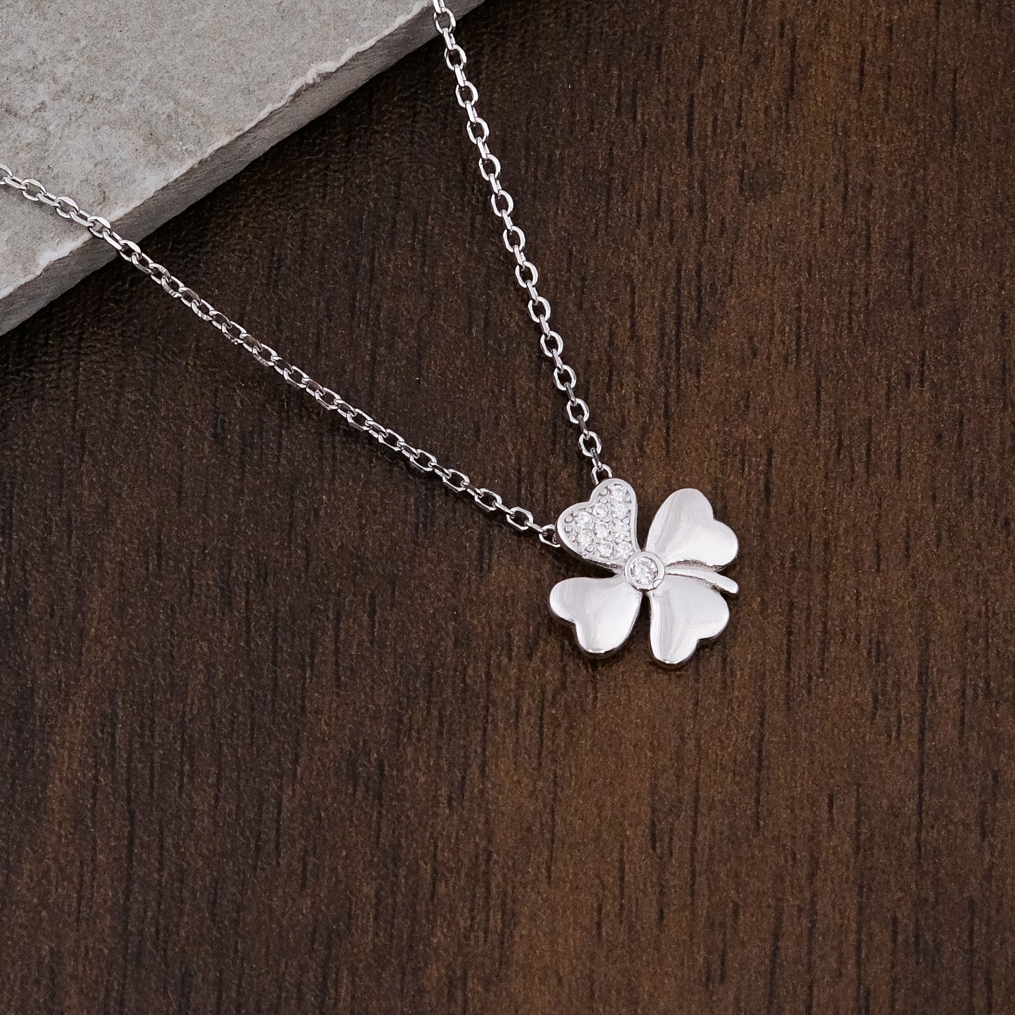 Silver CZ Clover Floral Pendant Chain set