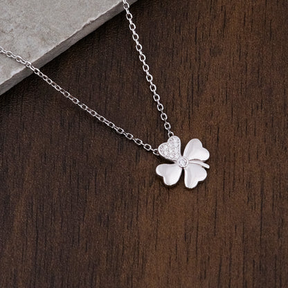 Silver CZ Clover Floral Pendant Chain set