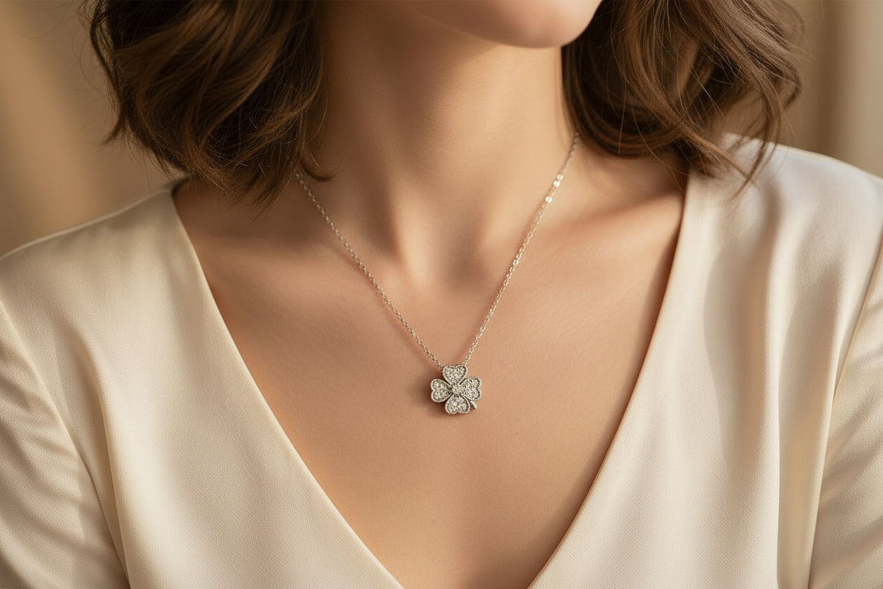 Silver CZ Clover Floral Pendant Set with Chain | Stylish Jewelry for Women