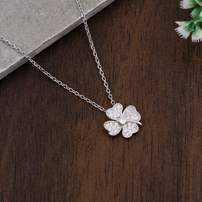 Silver CZ Clover Floral Pendant Chain set