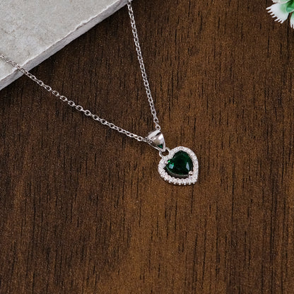 Silver Green Heart Pendant Necklace Chain Set for Women