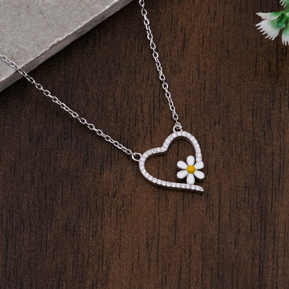Silver Heart Flower Pendant Necklace Chain Set for Women