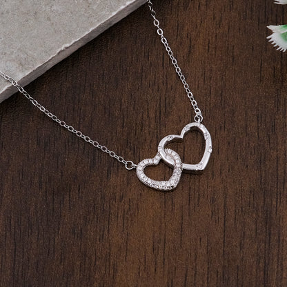 Silver Double Heart Pendant Necklace Chain Set for Women