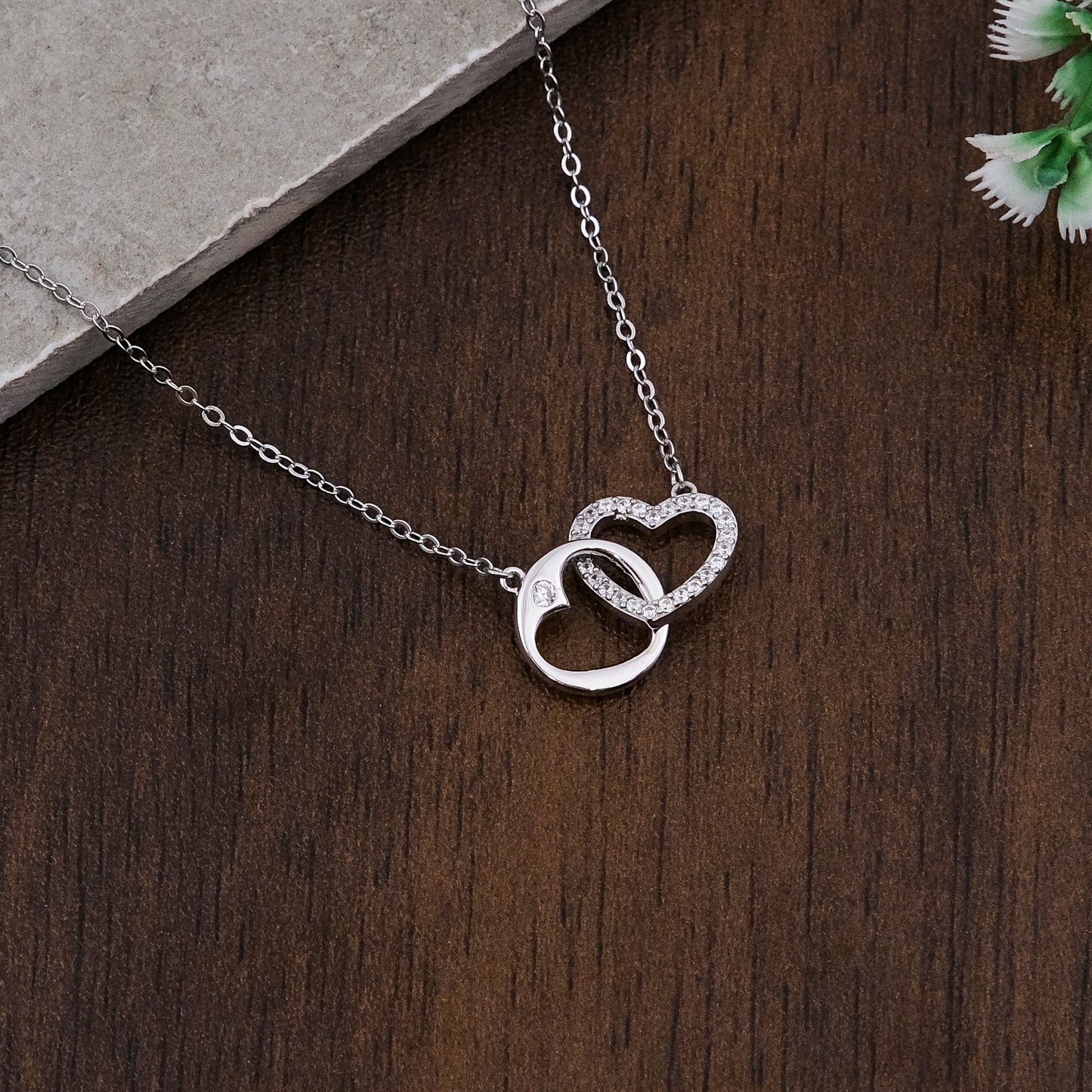 Silver  Interlocking Heart Pendant Chain Set