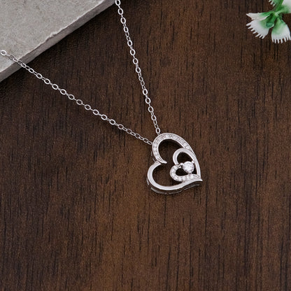 Silver Double Heart Solitaire Pendant Necklace Chain Set for Women