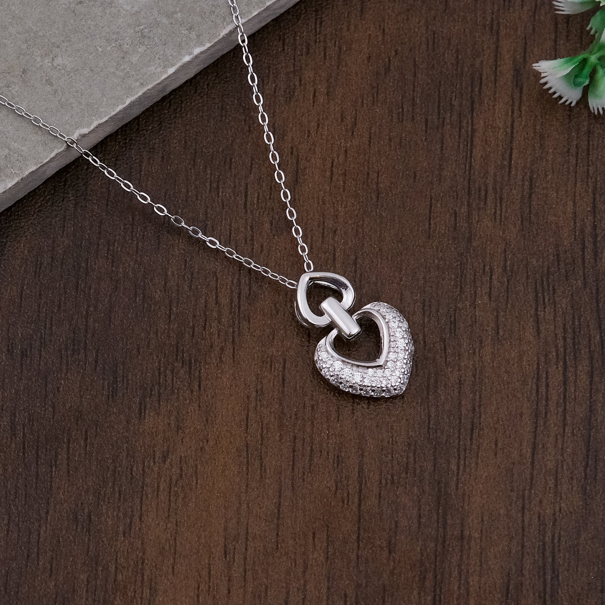 Silver Double Heart Pendant Necklace Chain Set for Women