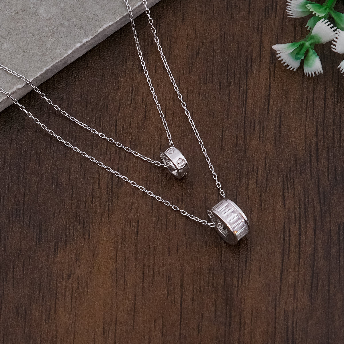 Silver Double Ring Chain Pendant Set for Women | Elegant Silver Necklace