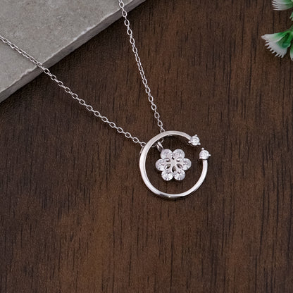 Silver Flower Pendant Necklace Chain Set for Women