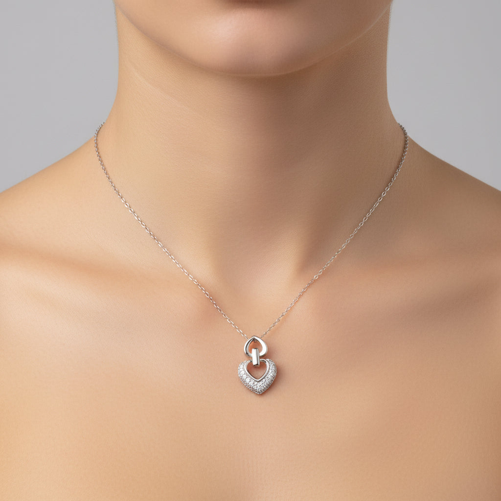 Silver Double Heart Pendant Chain Set
