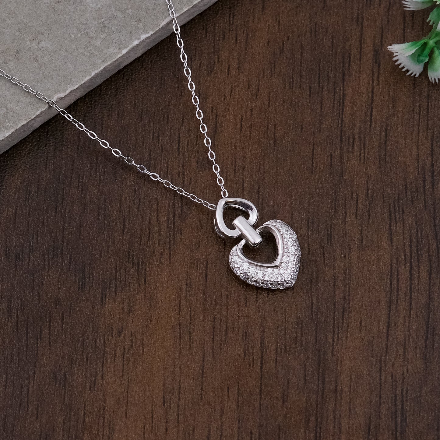 Silver Double Heart Pendant Chain Set