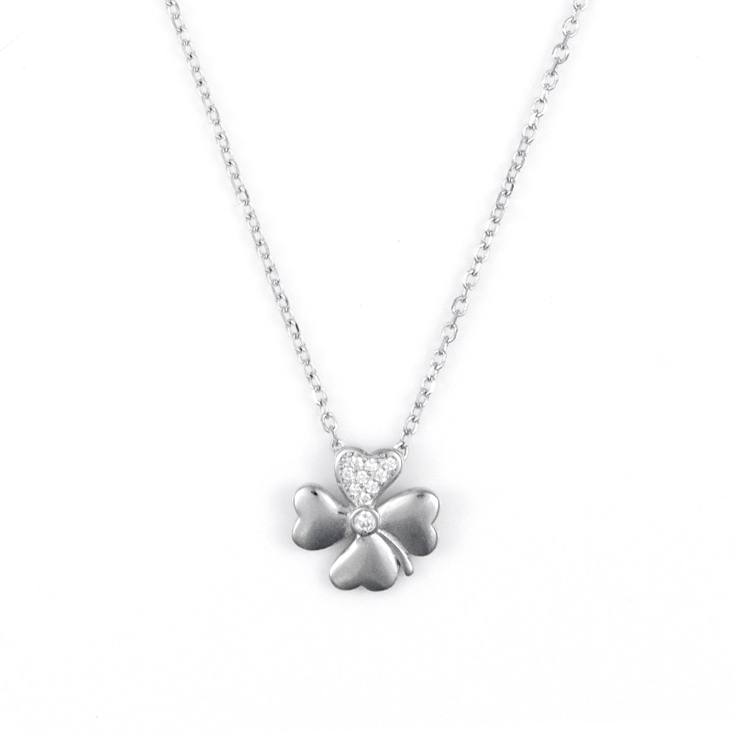 Silver CZ Clover Floral Pendant Chain set