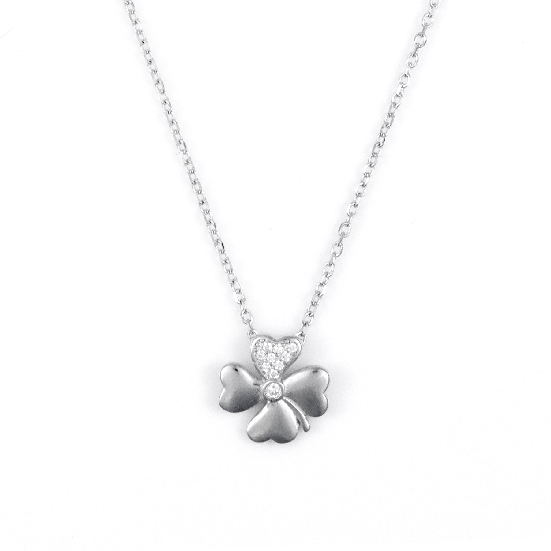 Silver CZ Clover Floral Pendant Chain set