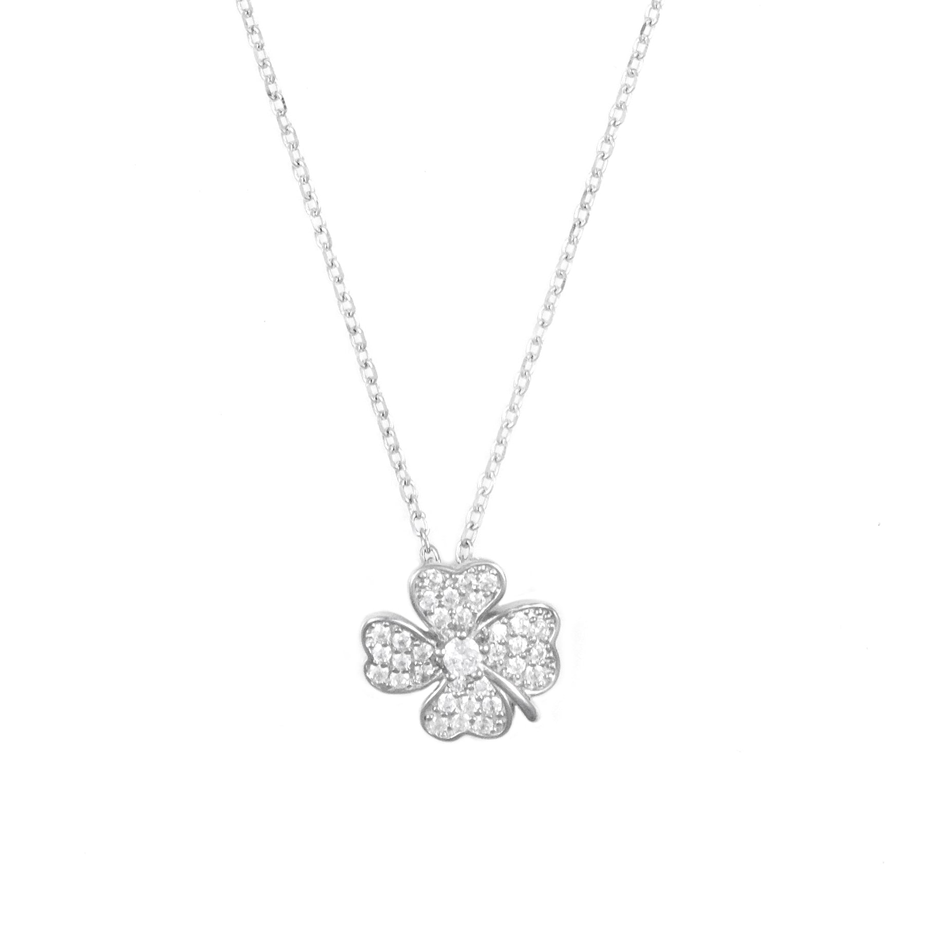Silver CZ Clover Floral Pendant Chain set