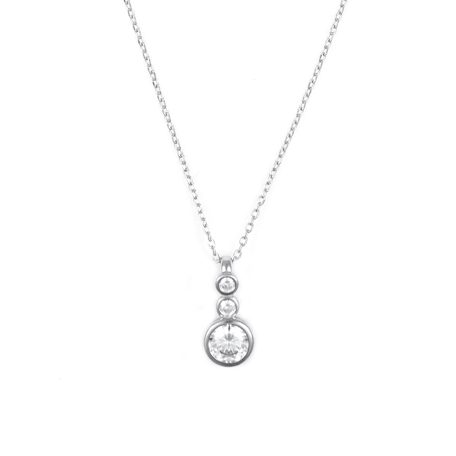 Silver Three stone Solitaire Pendant chain set