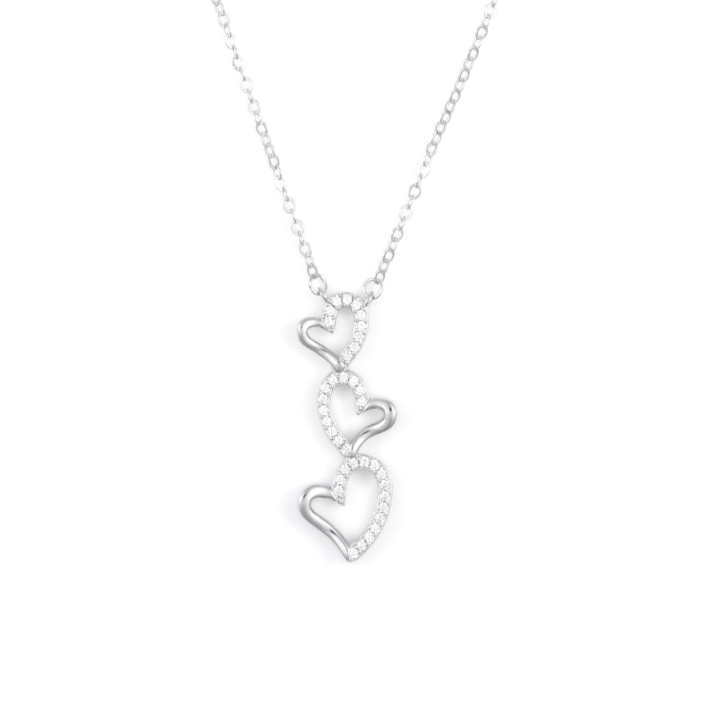 Silver Triple Heart Pendant Necklace Chain Set for Women