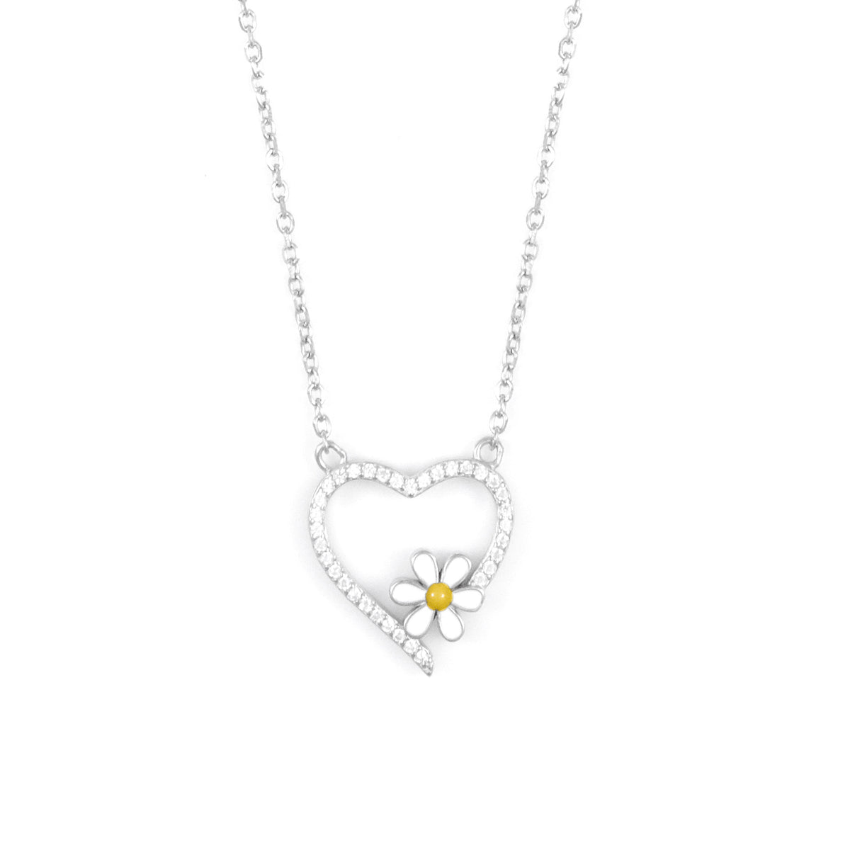 Silver Heart Flower Pendant Necklace Chain Set for Women