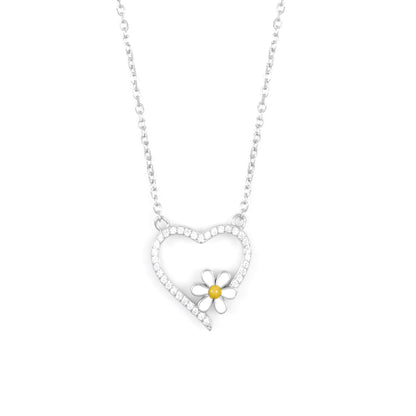 Silver Heart Flower Pendant Necklace Chain Set for Women
