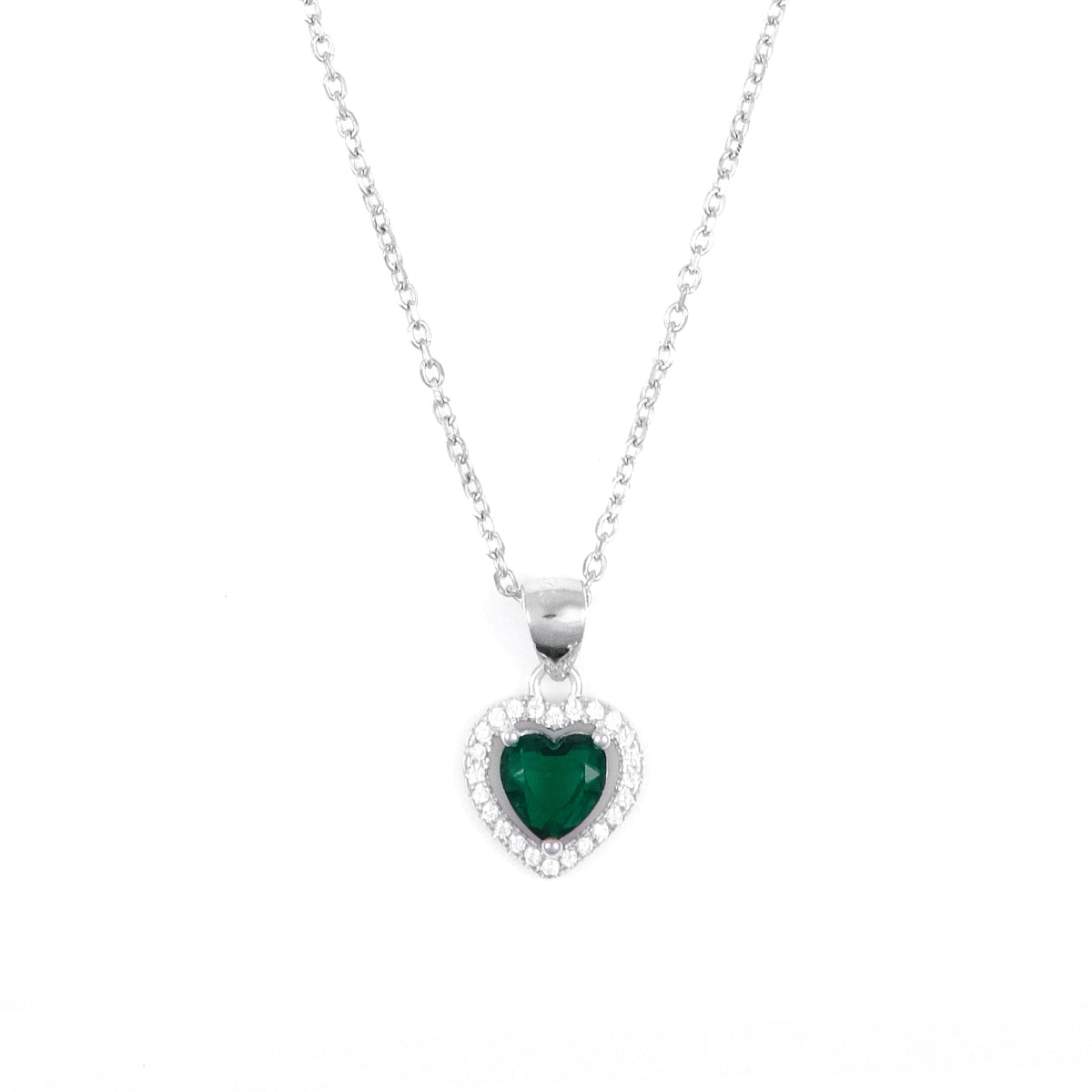 Silver Green Heart Pendant Necklace Chain Set for Women