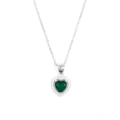 Silver Green Heart Pendant Necklace Chain Set for Women