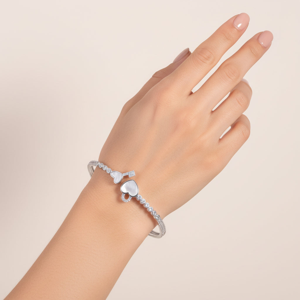 92.5 Sterling Silver Heart Love Bangle Bracelet for Women | Cute