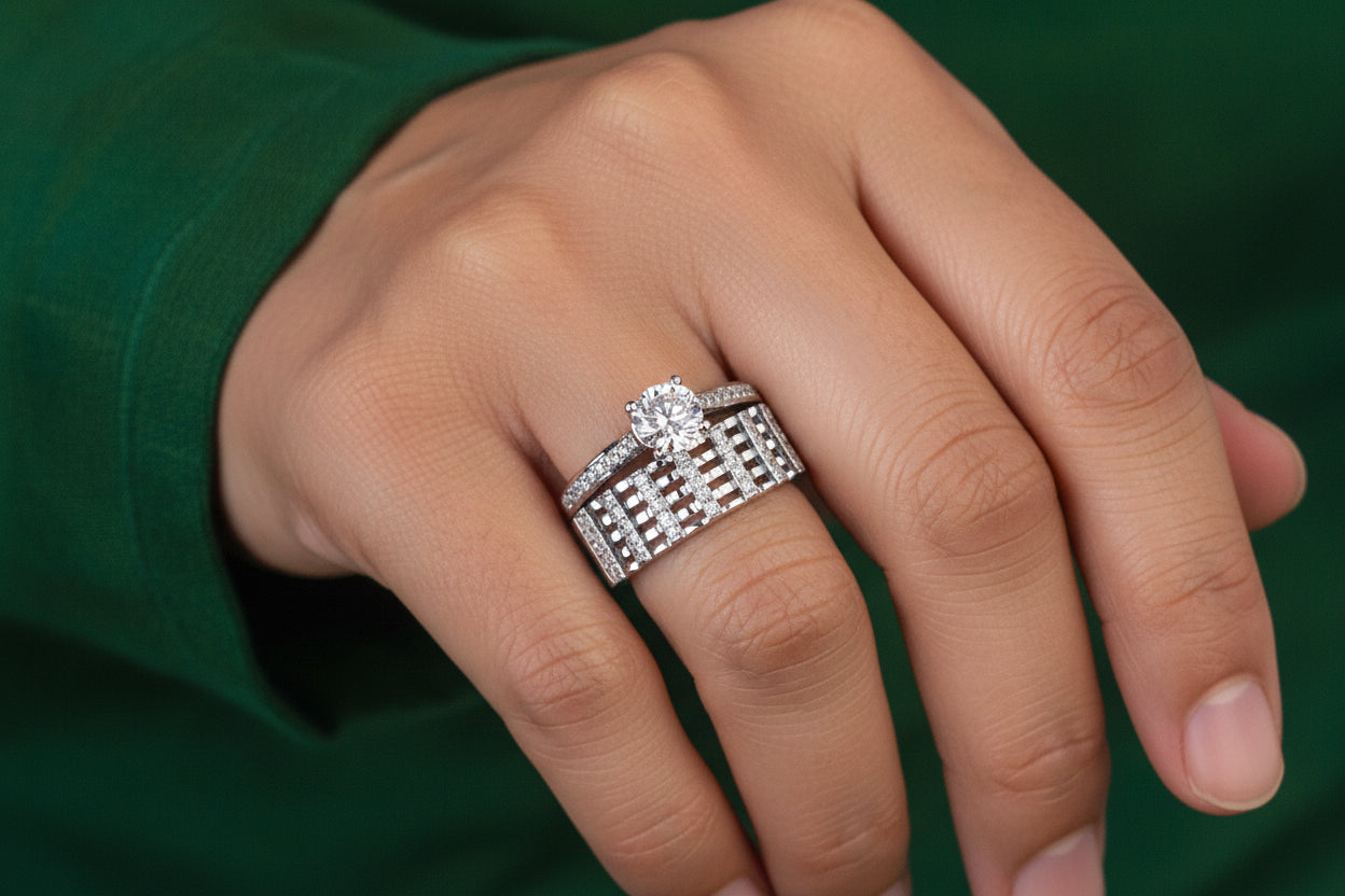 92.5 Sterling Silver Engagement ring & Matching  wedding band