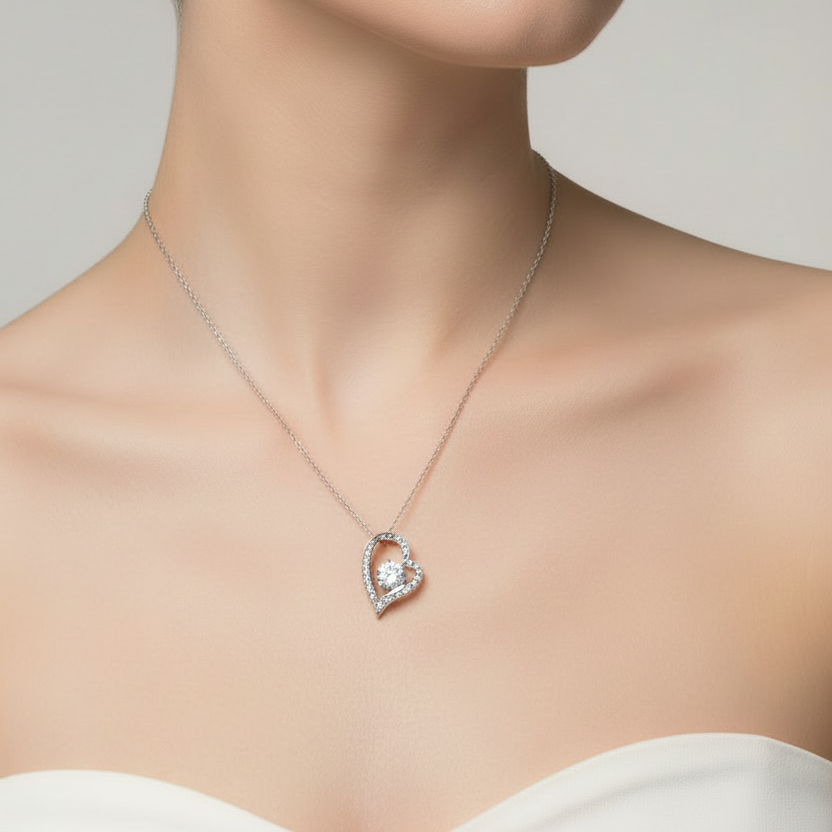 Silver Solitaire Heart Pendant Chain Set