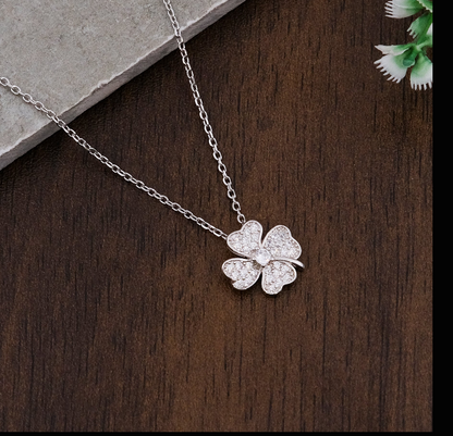 Silver CZ Clover Floral Pendant Set with Chain | Stylish Jewelry for Women